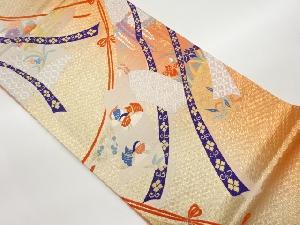 紐に几帳・草花・鴛鴦模様織出し袋帯